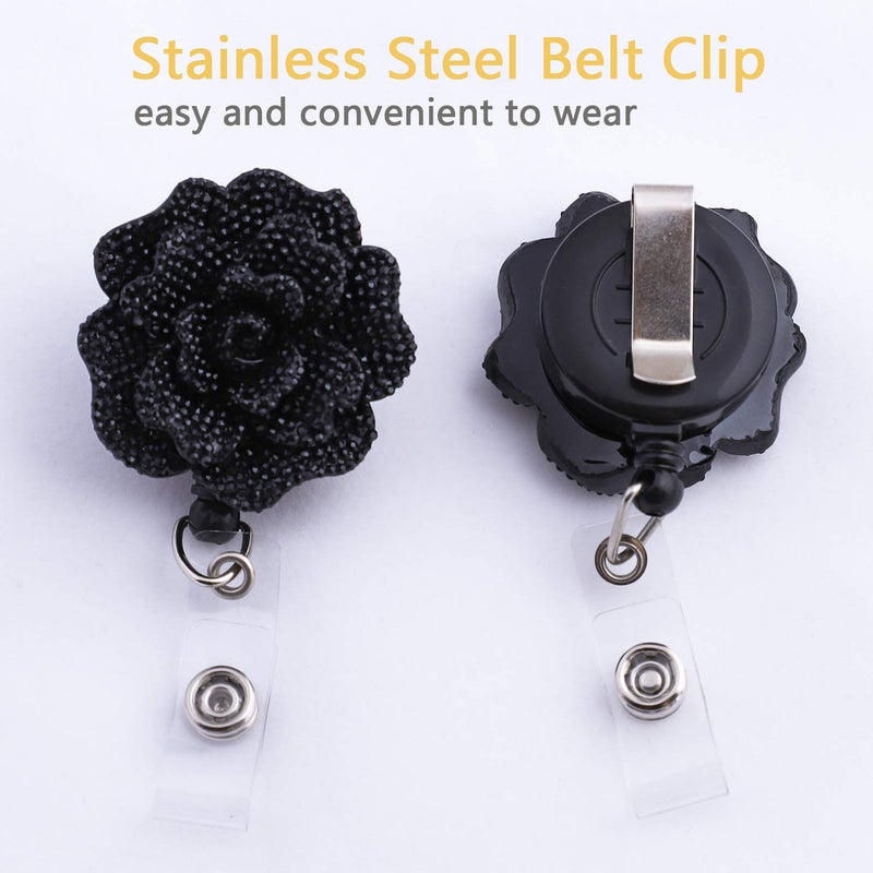 Soleebee 28'' Retractable Badge Reel, Bling Bling Rose Nurse ID Badge Holder Reel with Belt Clip - Black - Image 2